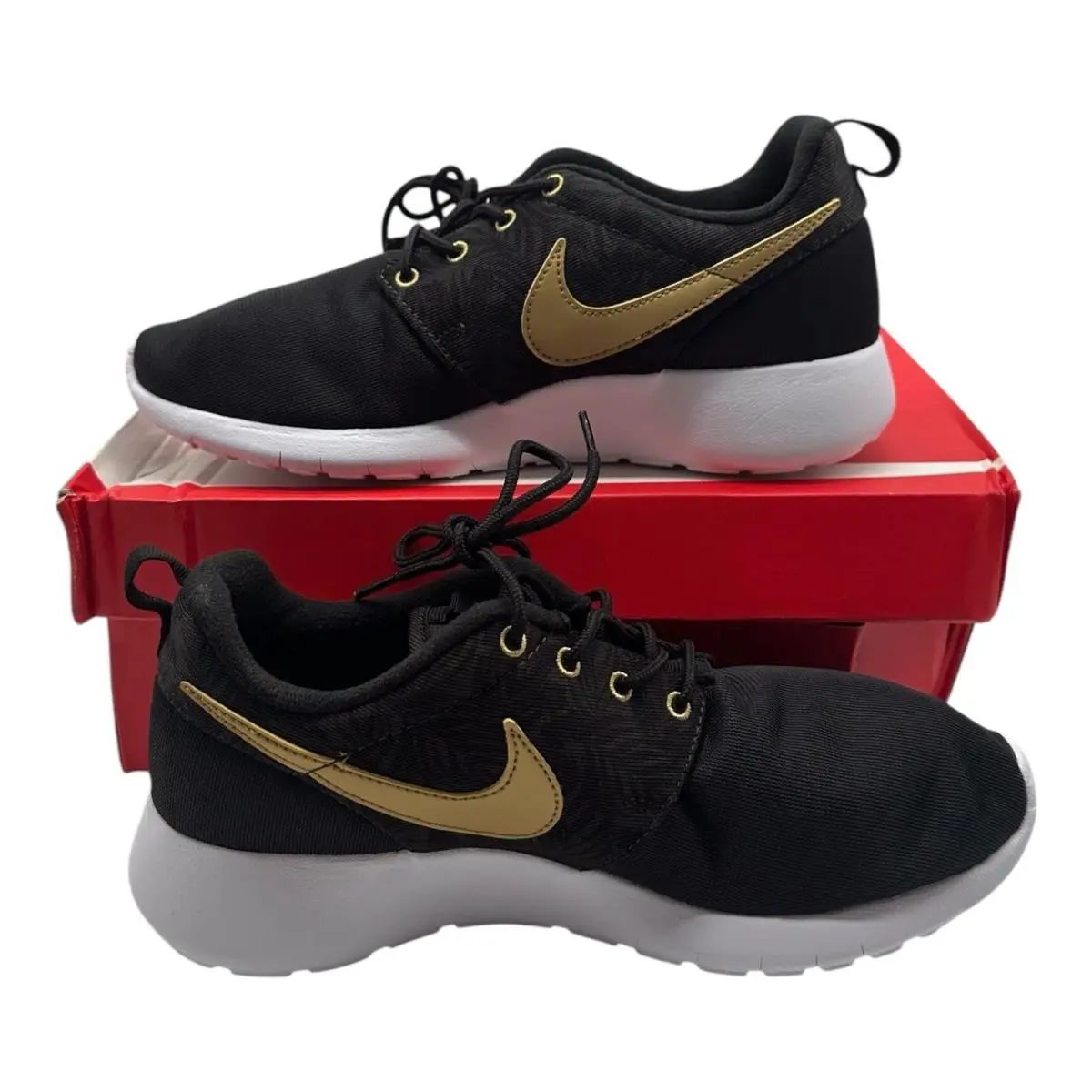 Roshe One Print GS Running Shoes Size Youth 6.5 Womens 8 Black Gold Sneaker by Nike