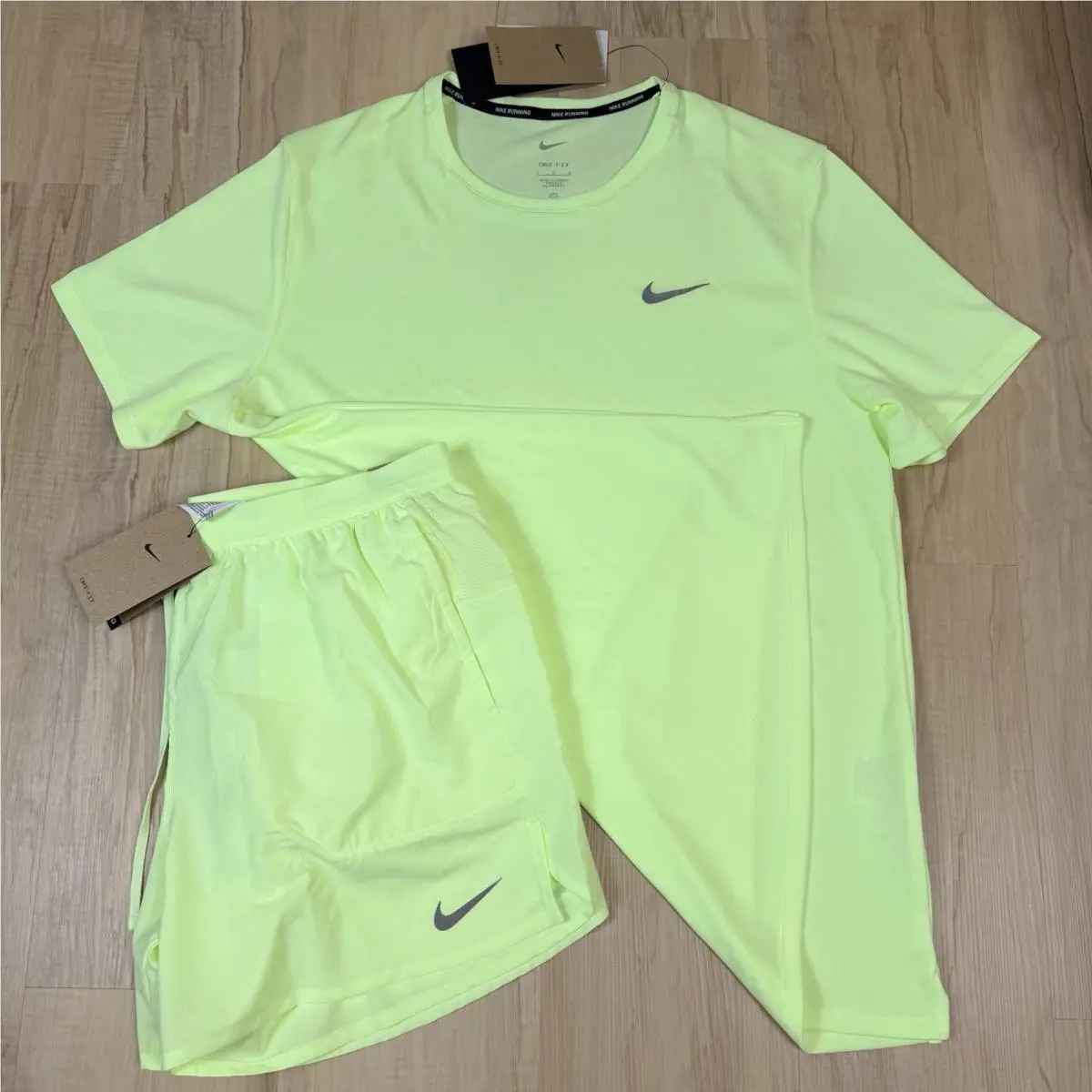Nike Miler Dri-fit 2Pc Running Set Men`s Size L Reflective Green Shirt Shorts