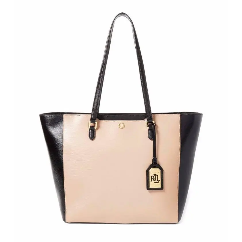 Lauren Ralph Lauren Beige Black Leather Top Zip Large Bag Tote