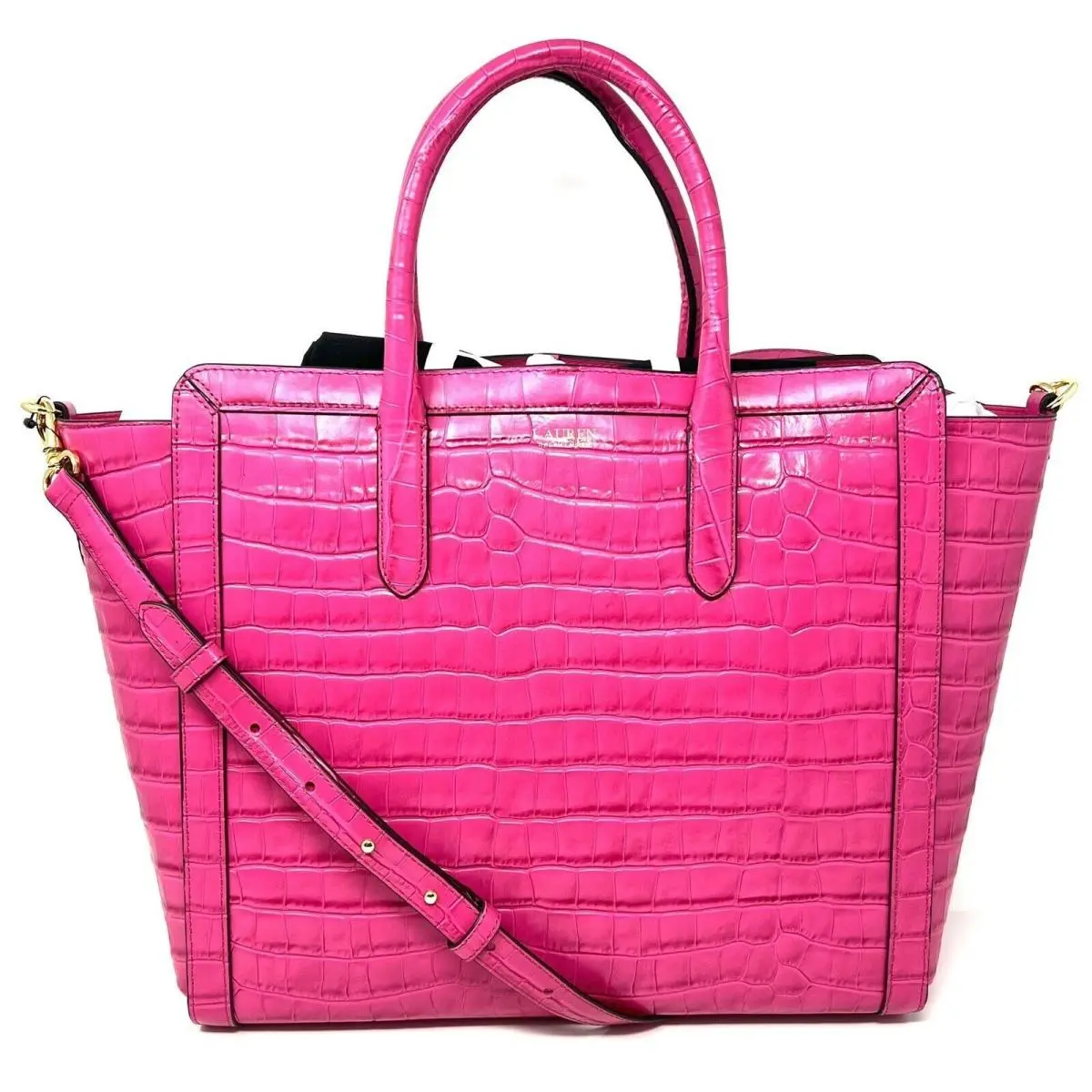 Ralph Lauren Croco Embossed Leather Large Tyler Tote Bright Hot Pink Structured