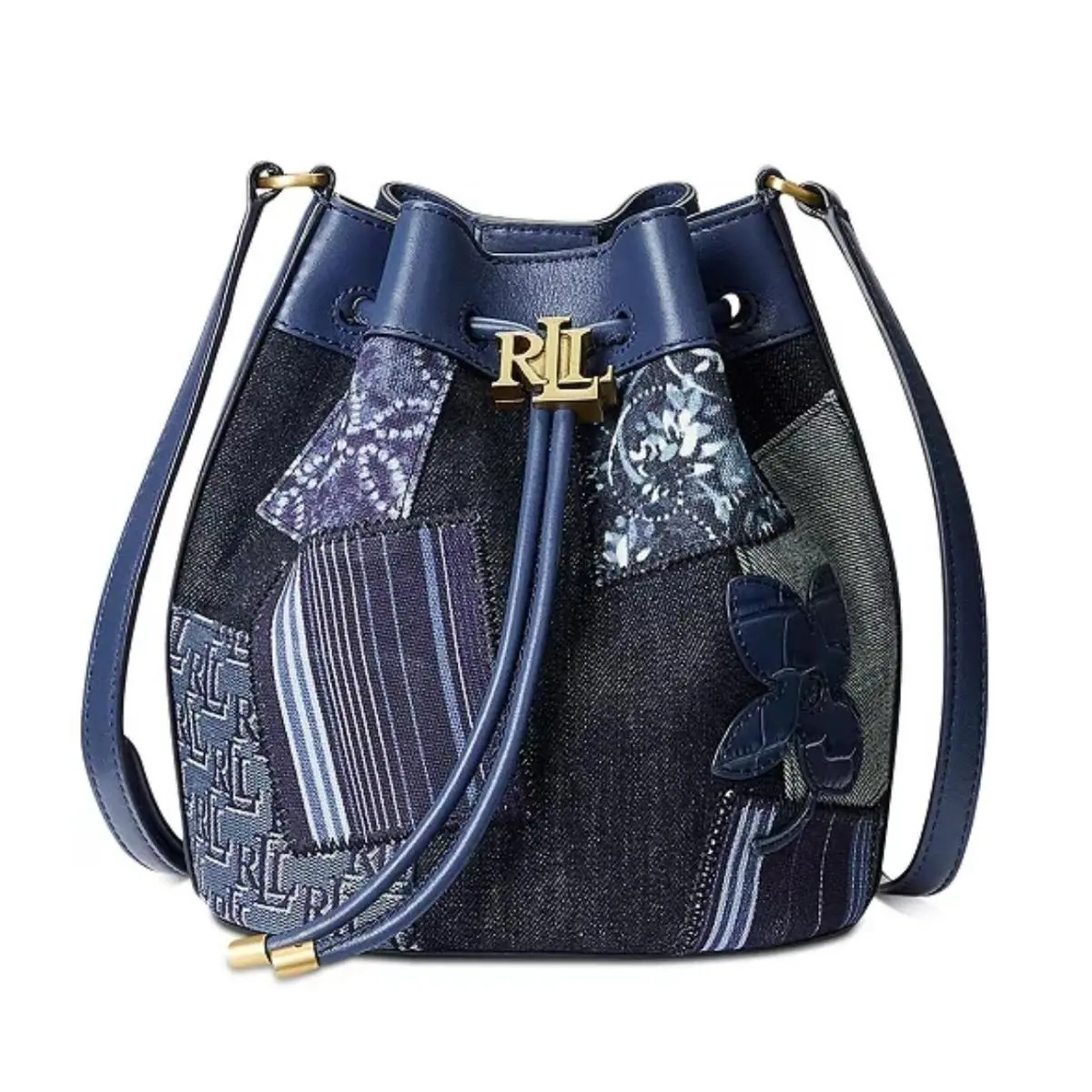 Lauren Ralph Lauren Denim Patchwork Andie Butterfly Bucket Bag Blue Gold NW