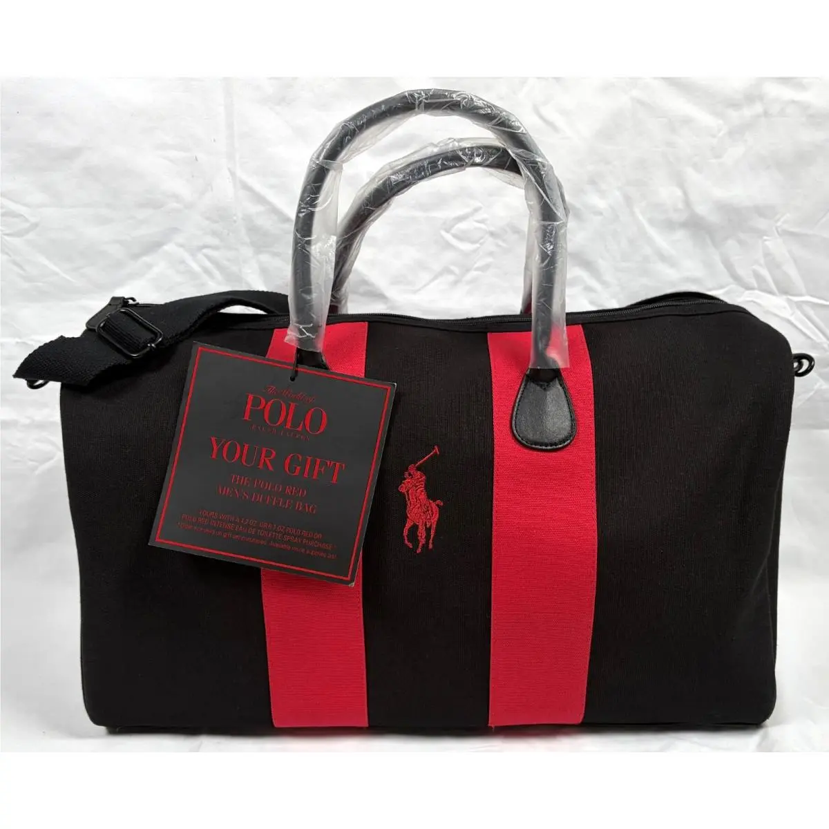 Ralph Lauren The Polo Red Men`s Travel Duffle Overnight Gym Bag Black Red