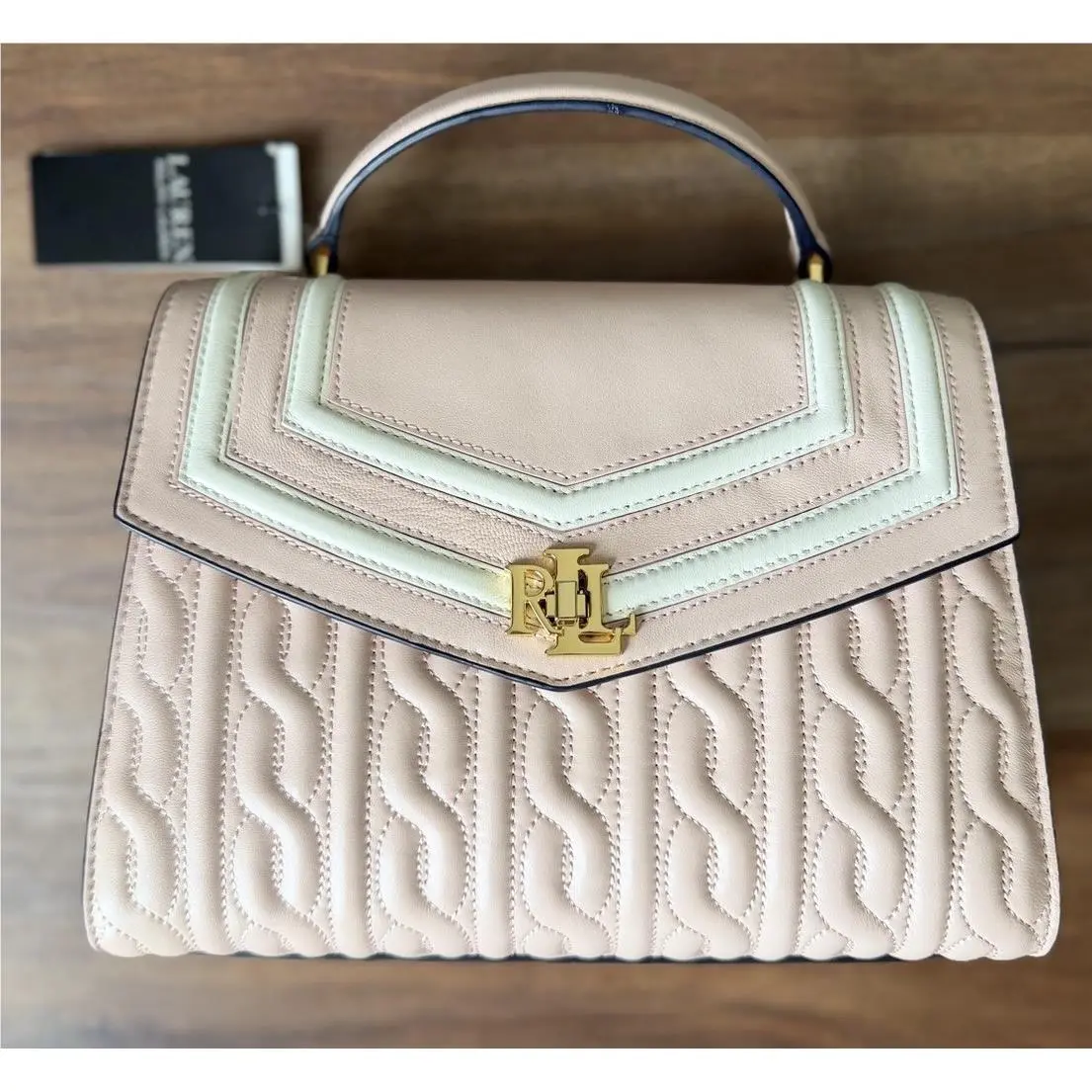 Quilted Cable Knit Leather Medium Farrah Satchel Purse Light Pink by Ralph Lauren