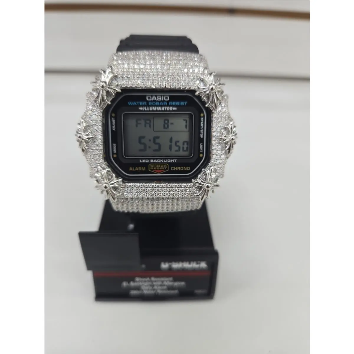 Moissanite G Shock Watch  5600 Model Black Color Band Silver Color Bezel by Casio
