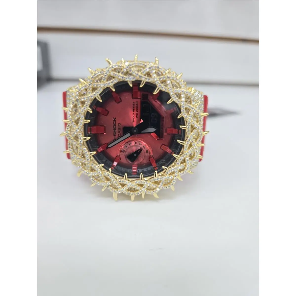Moissanite G Shock Watch  2100 Model Red Color Band Gold Color Bezel by Casio