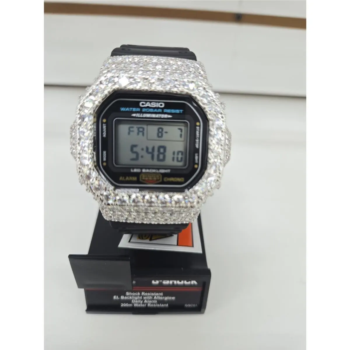 Moissanite G Shock Watch  5600 Model Black Color Band Silver Color Bezel Black by Casio