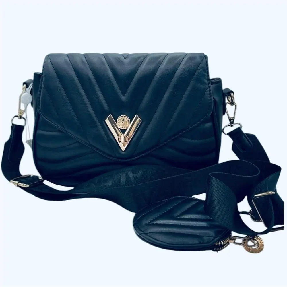 Valentino Orlandi Black Quilted Crossbody Bag with Gold Accent and Coin Wallet