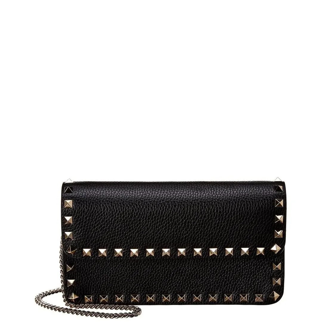 Valentino Rockstud Grainy Leather Wallet On Chain Women`s Black