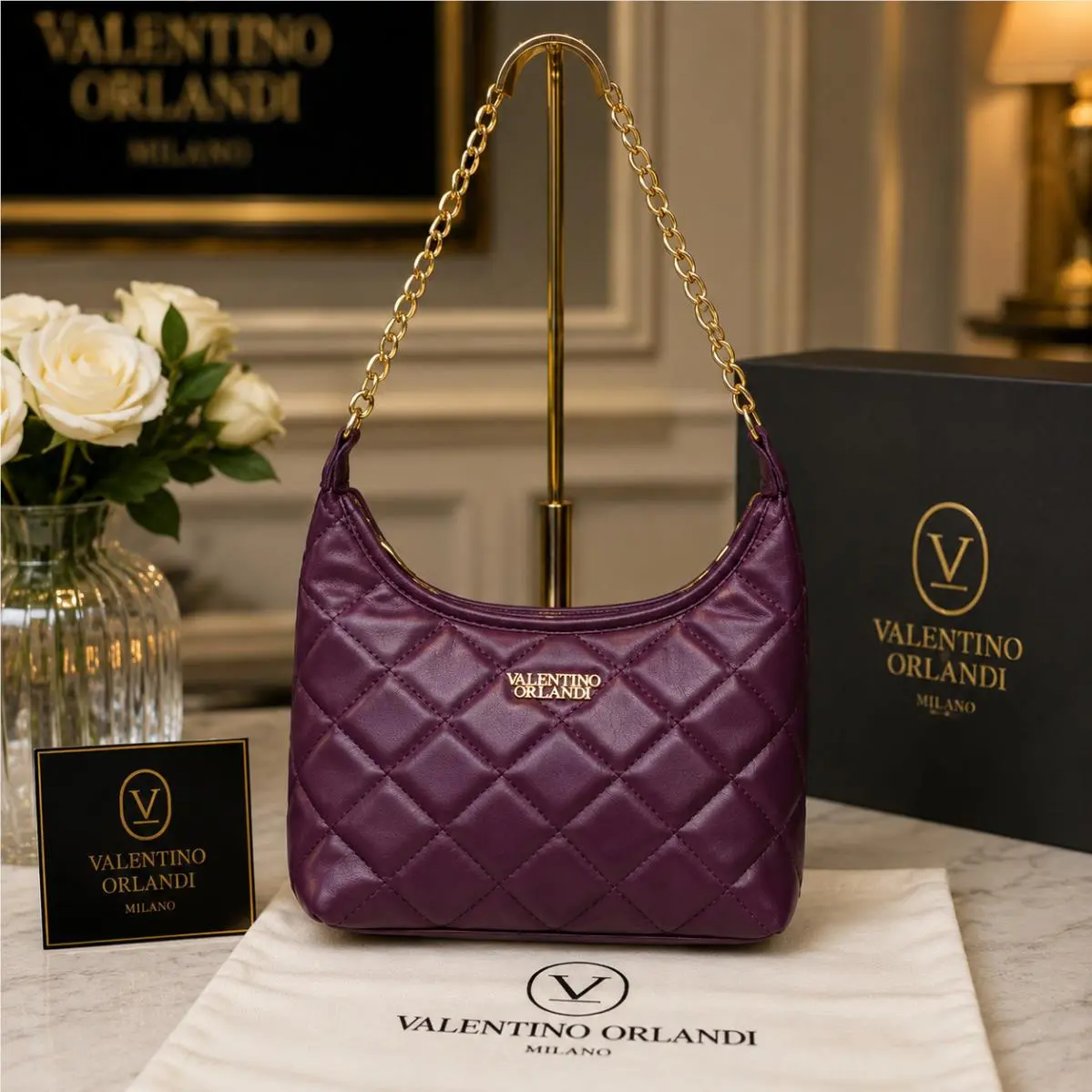 Orlandi Valencia Purple Quilted Shoulder Bag Gold Chain Vegan Leather by Valentino