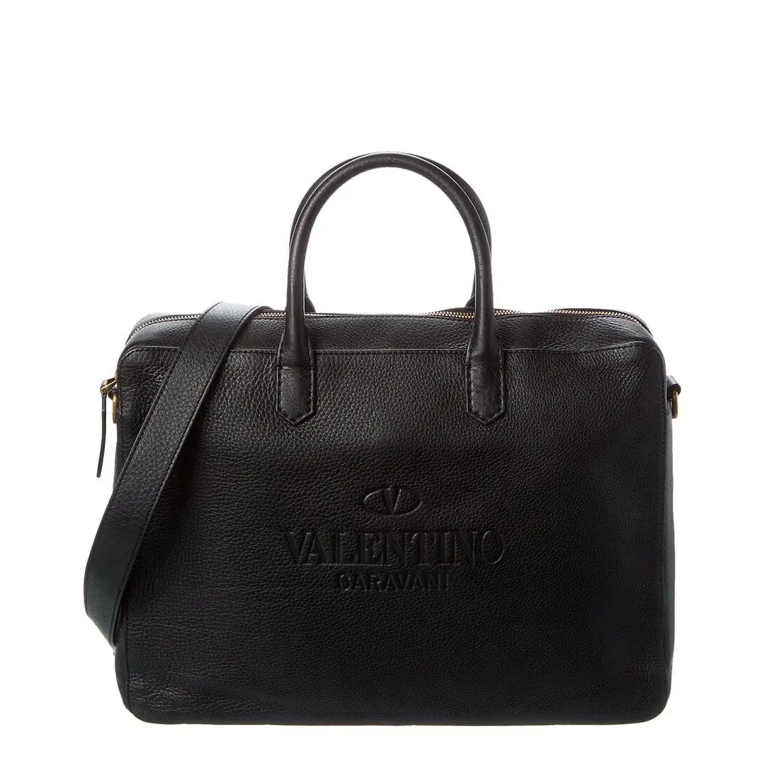 Valentino Double Handle Leather Briefcase Men`s Black Uni