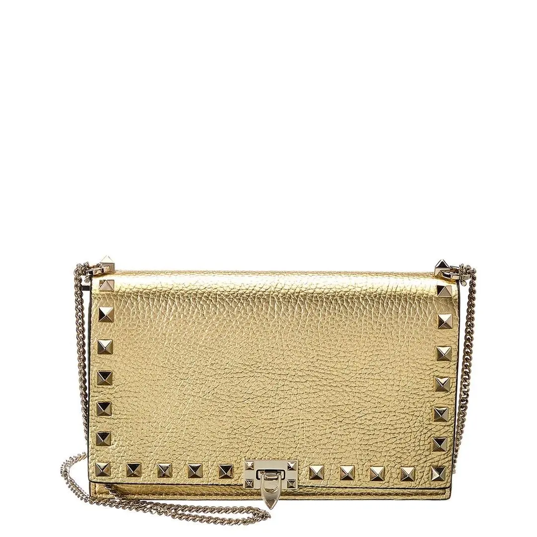 Rockstud Mini Leather Wallet On Chain Women`s Gold by Valentino