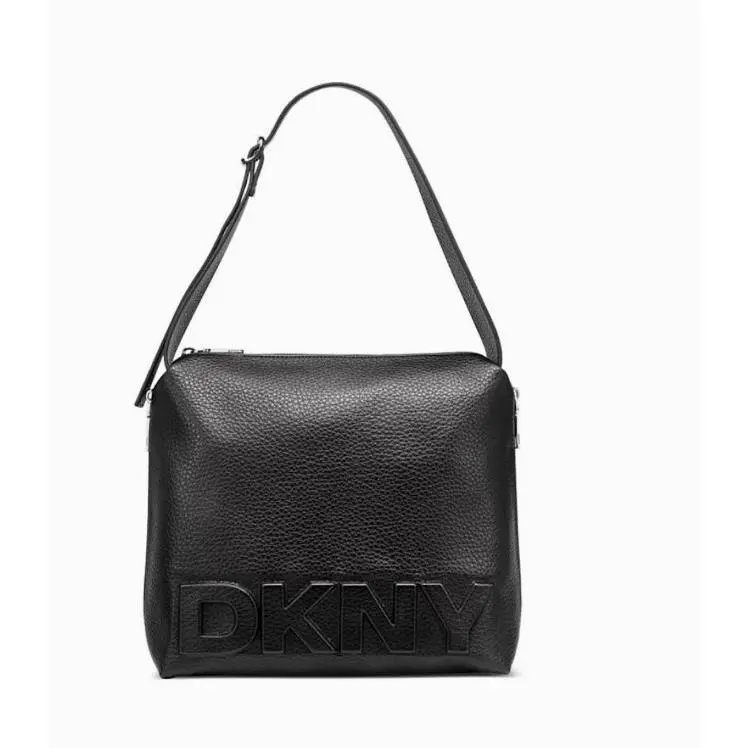 Dkny Zia Shoulder Bag Hobo Leather Embossed Logo Black Purse by DKNY
