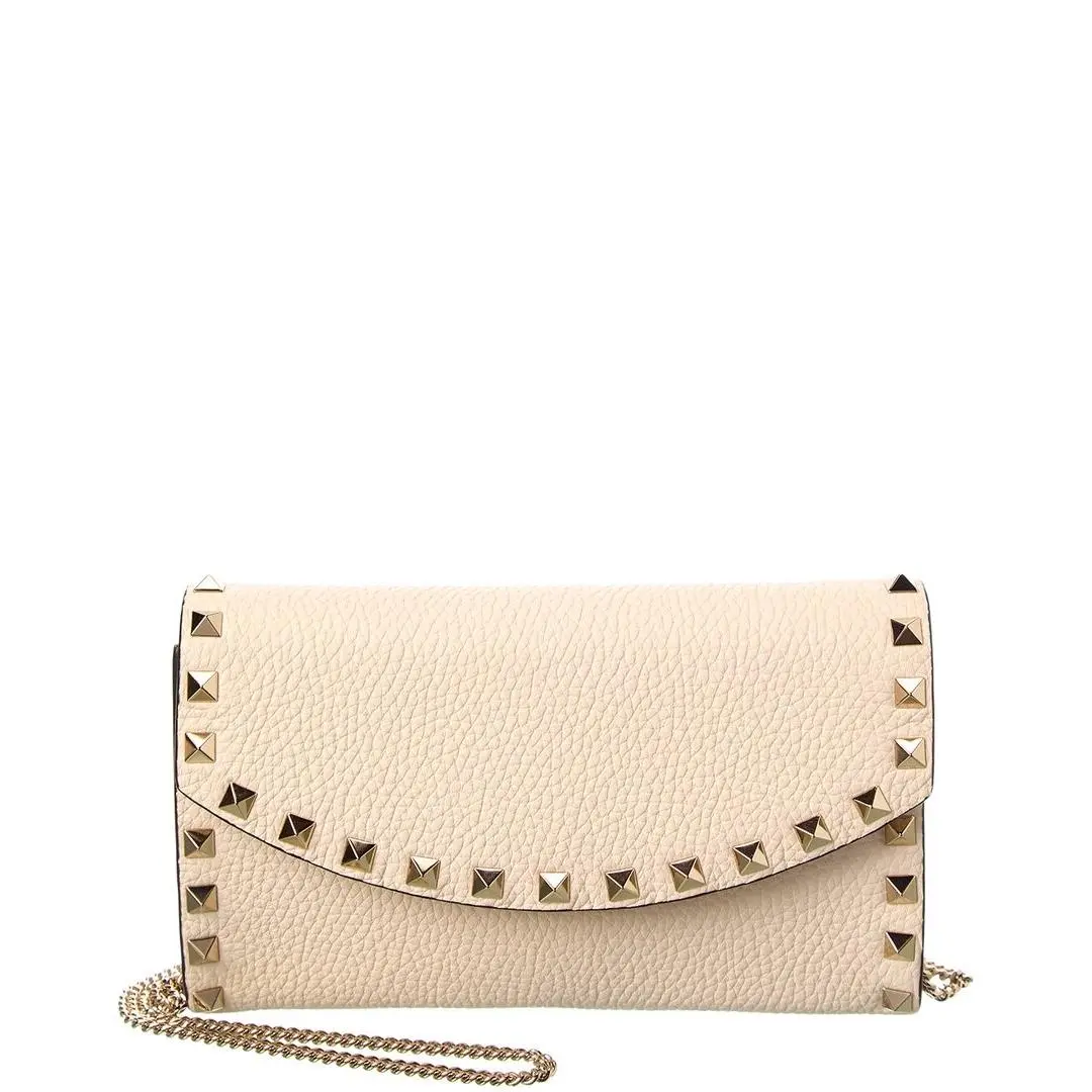 Valentino Rockstud Mini Grainy Leather Wallet On Chain Women`s White