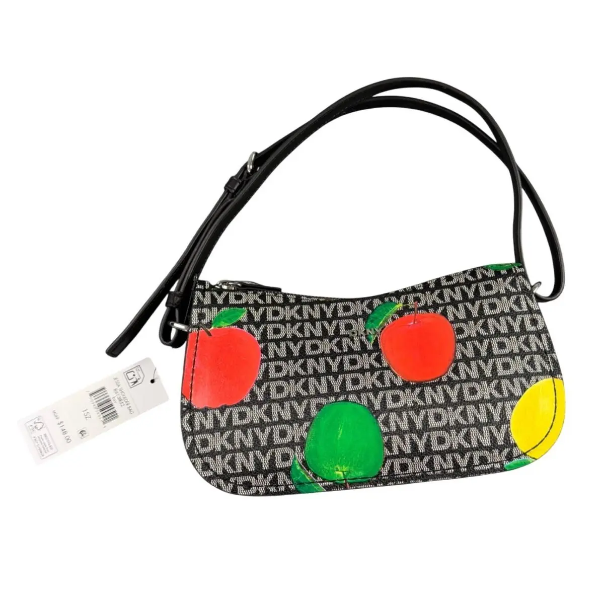 Dkny Jessa Shoulder Bag Black White Logo Fruit Print Baguette R613IR52 by DKNY