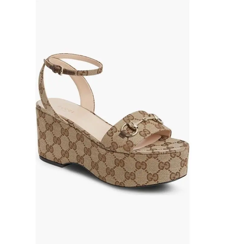 Horsebit GG Logo Canvas Platform Wedge Sandals Eu 37.5 US 7.5 by Gucci