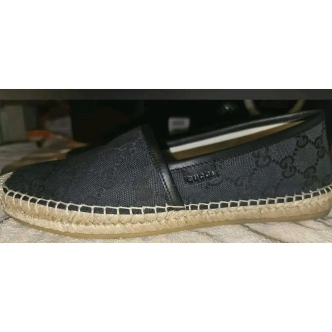 Gucci GG Black Canvas Leather Espadrilles Flats Size EU 38.5 or US 8.5