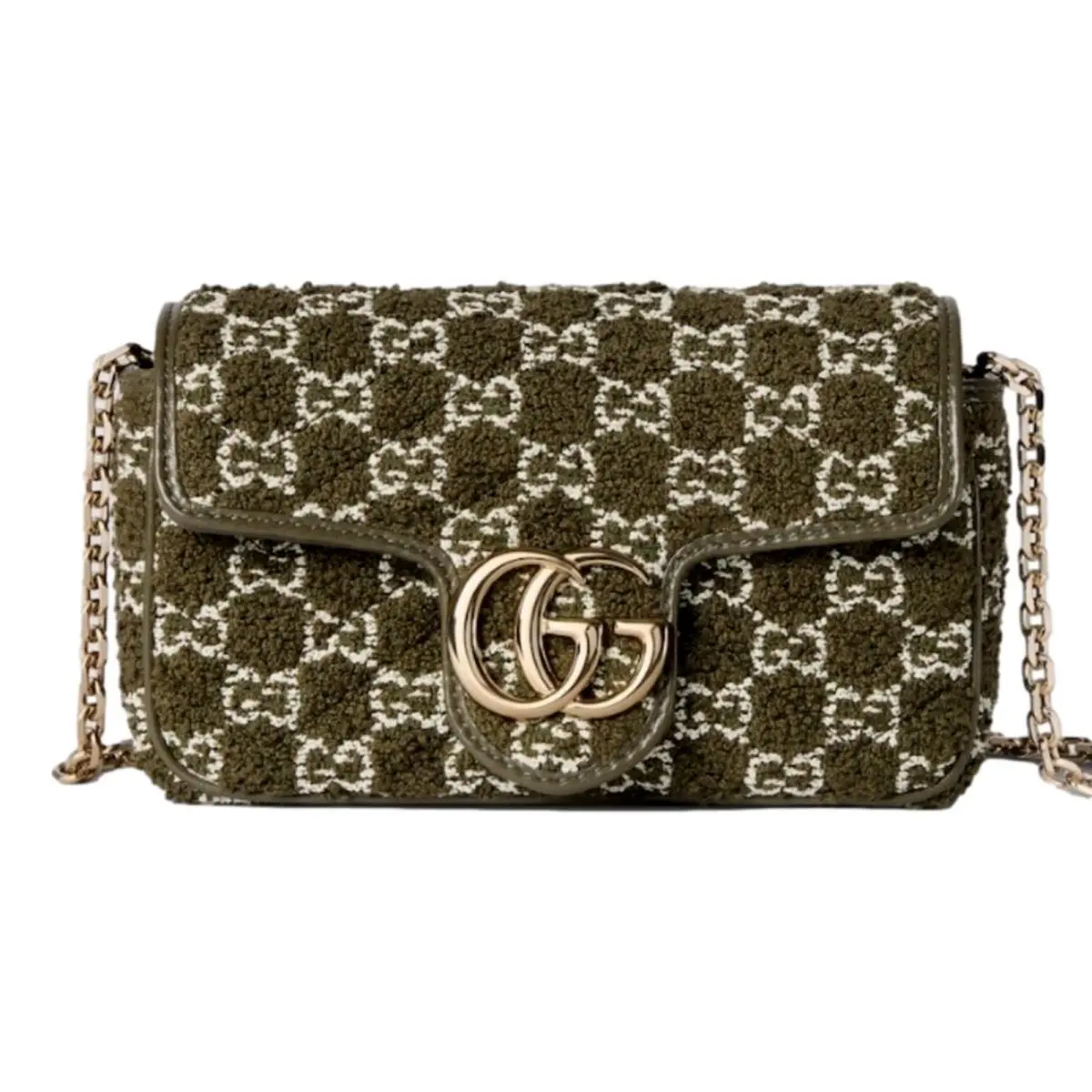 GG Marmont Super Mini Olive Green Boucle Chain Crossbody Bag by Gucci