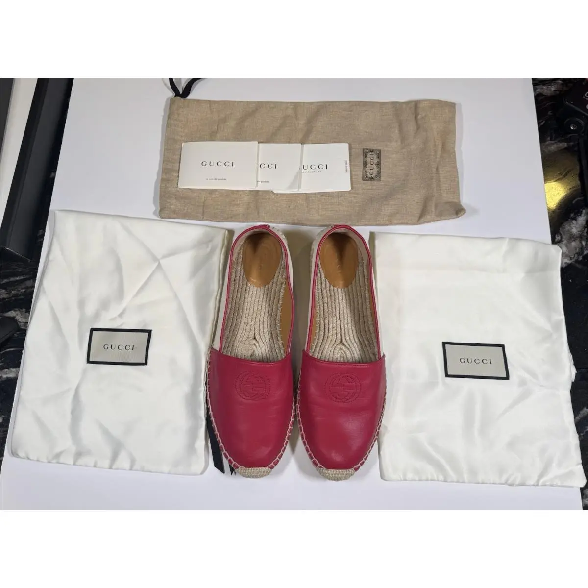 Gucci Interlocking GG Leather Espadrilles Fuchsia EU 39.5 US 9.0 Box Bags - Pink