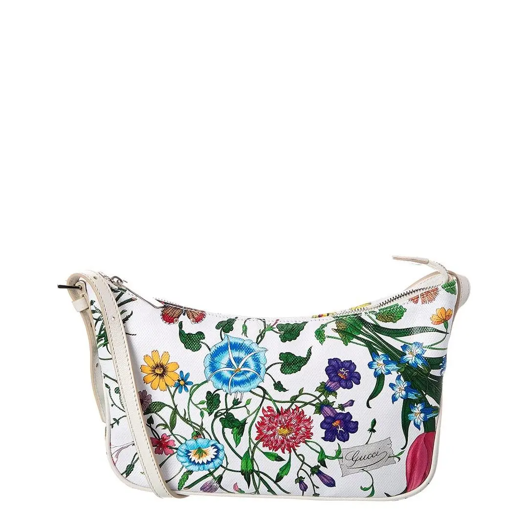 Lady Lunetta Small Flora Canvas Leather Shoulder Bag Women`s White by Gucci
