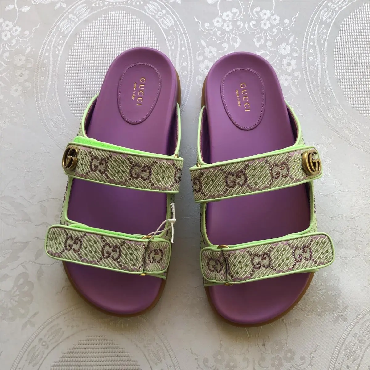 Crystal Canvas Purple/lime GG Slides Sandals Women’s Size 39+ US-9 Shoes by Gucci