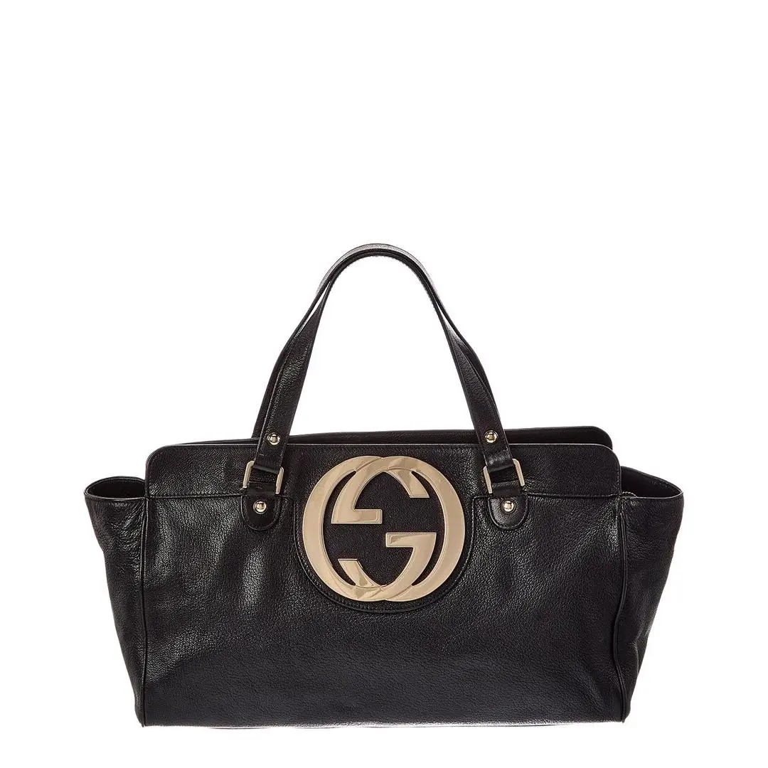 Gucci Black Leather Interlocking Gg Shoulder Bag Pre-loved Women`s