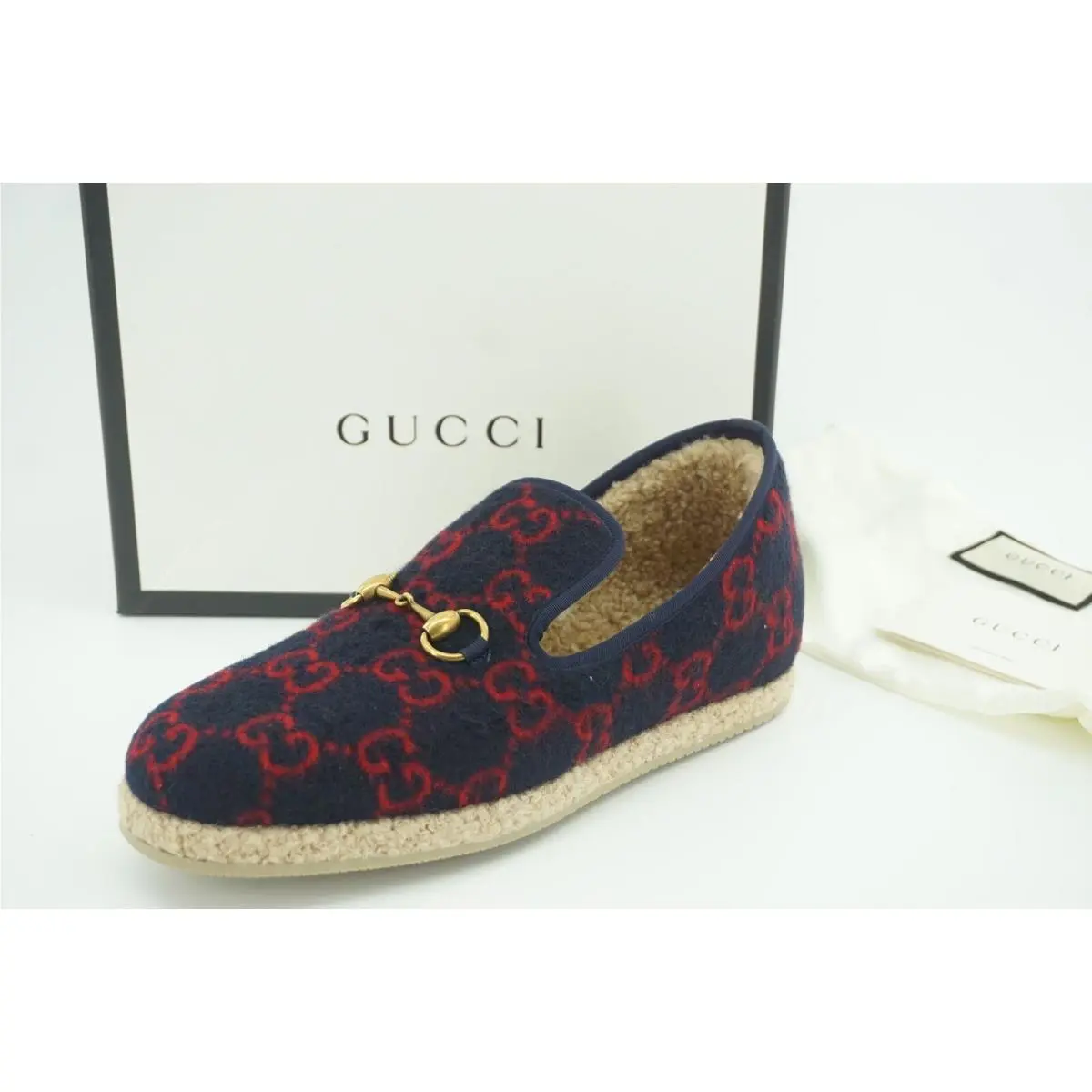 Fria GG Horsebit Espadrille Loafer Blue Size 7.5G Men Dress Shoe Wool Fur by Gucci