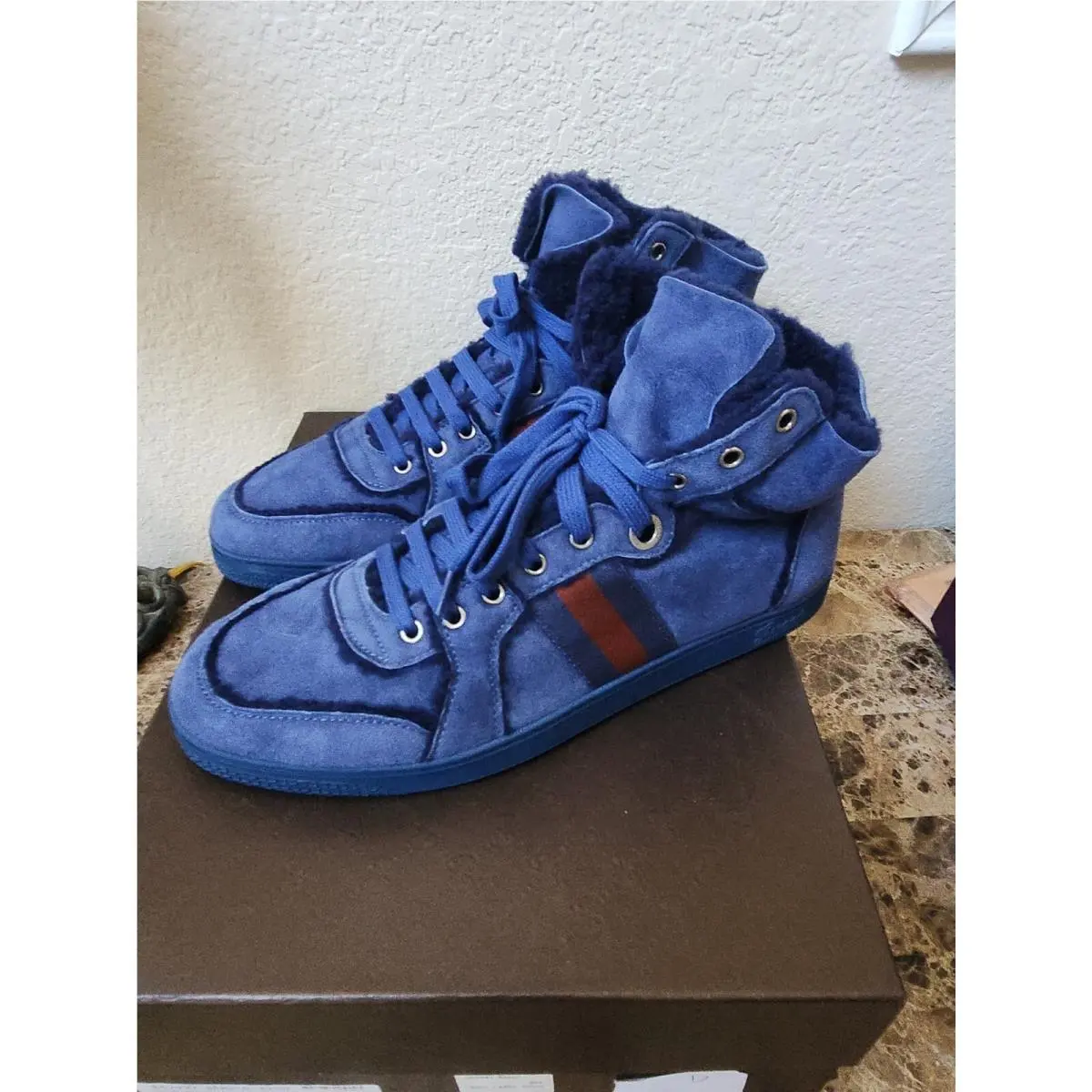 Gucci Aspen Shearling Blue Suede High Tops Model 269997 Mens Size 10.5 Shoes