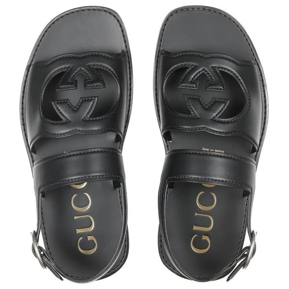 Luxury Black Leather Interlocking G Sandals Shoes 11/US 11.5 by Gucci