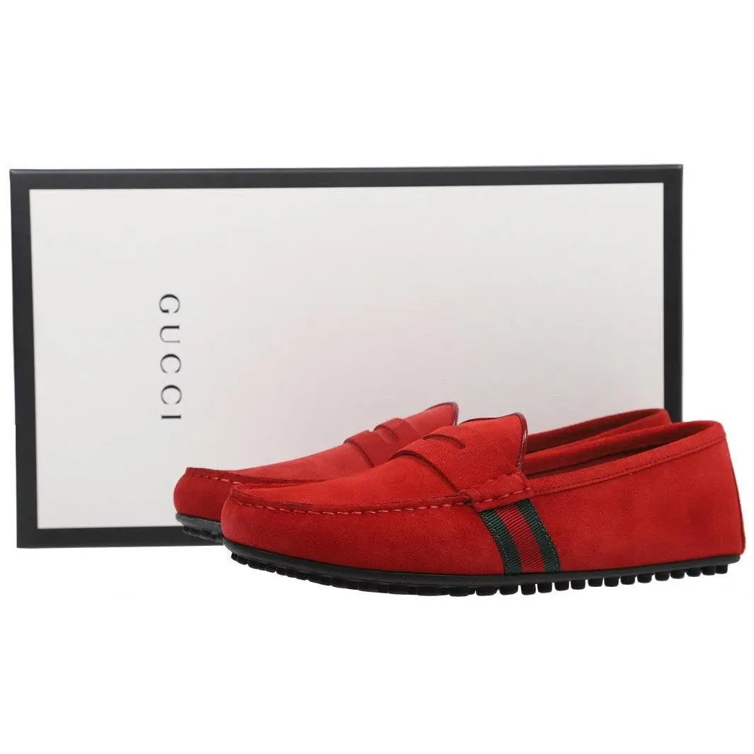 Red Suede Leather Web Detail Moccasin Loafers Shoes 5.5 /us 6 by Gucci
