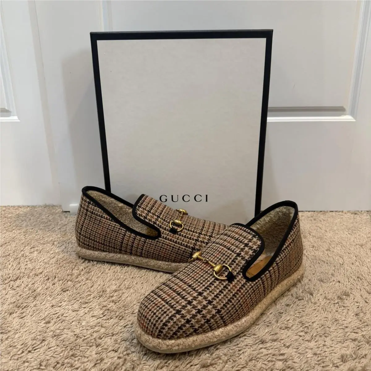 Gucci Fria WB Bit Moc Shoes Mens Size 9 Brown Houndstooth Slip On Espadrilles