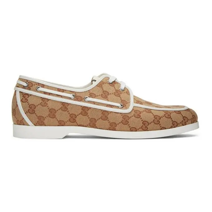 D5407 Brown and White Canvas GG Boat Shoes Men`s Size 7G / 7.5 US by Gucci