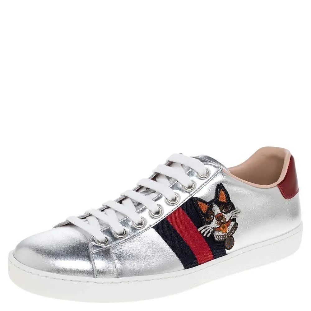 Gucci D5447 Womens Silver Leather Ace Embroidered Web Low Top Sneakers Size 37 G - Silver