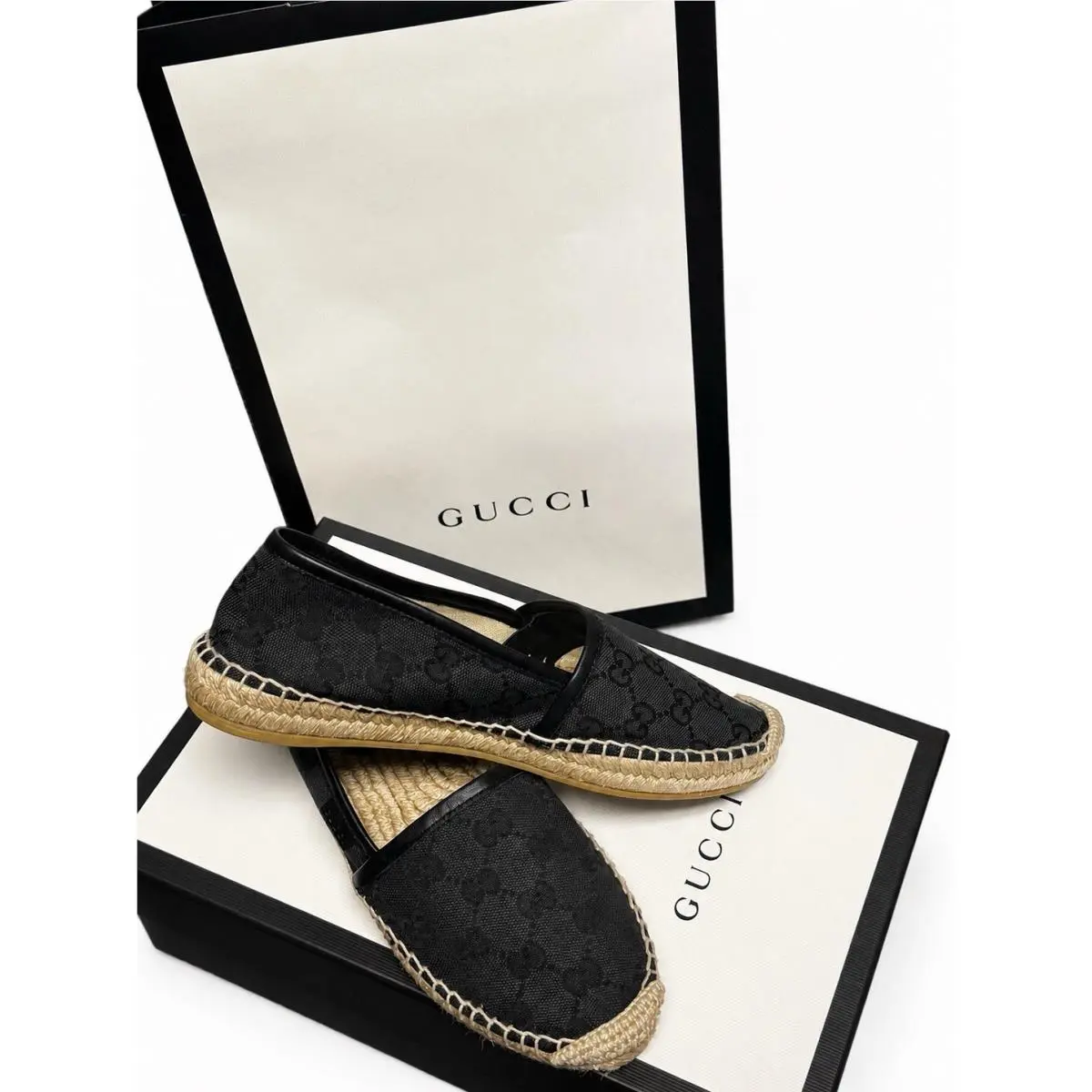Nwot Gucci GG Pilar Black Canvas Espadrilles + Box Paper Tote Sz 35 EU - 5 US