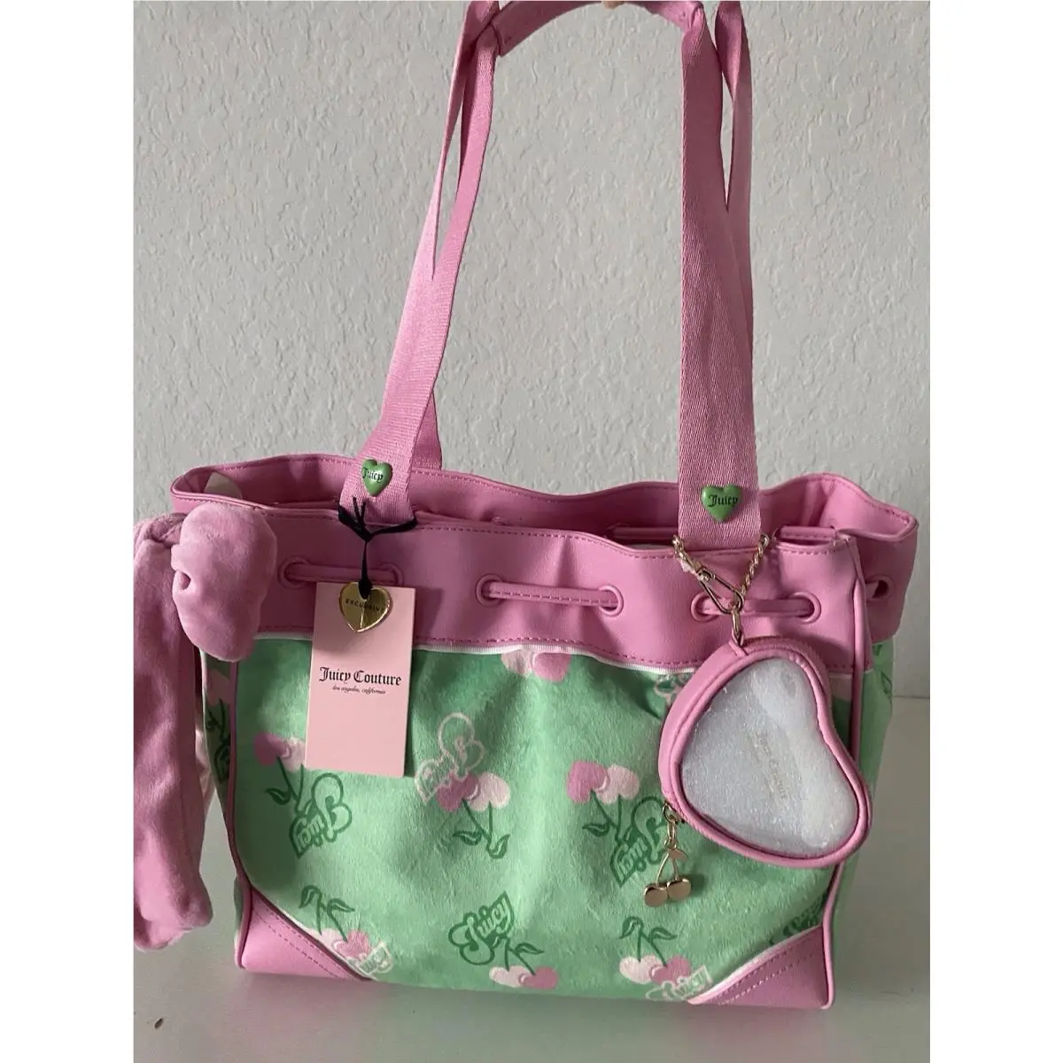 Retro Juicy Cherry Gelato Daydreamer Tote Bag Green Pink by Juicy Couture