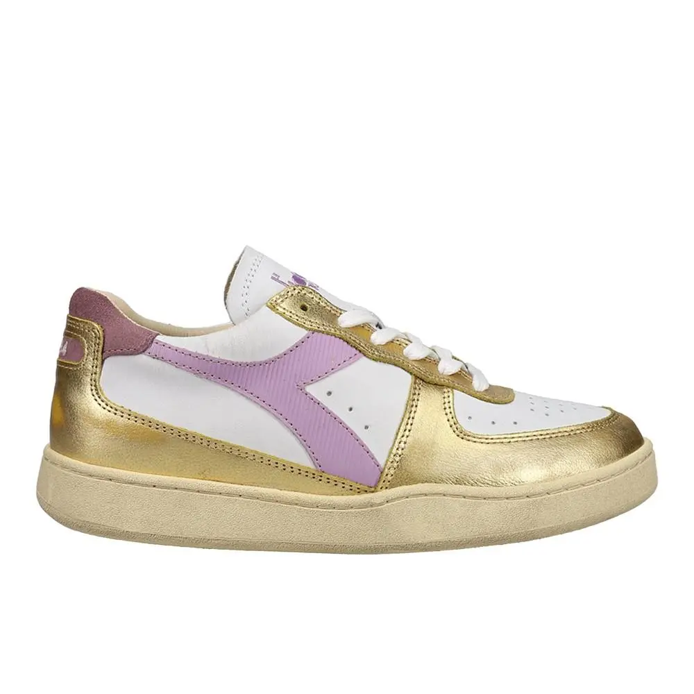 Diadora Mi Basket Low Metallic Dirty Lace Up Mens Gold White Sneakers Casual S