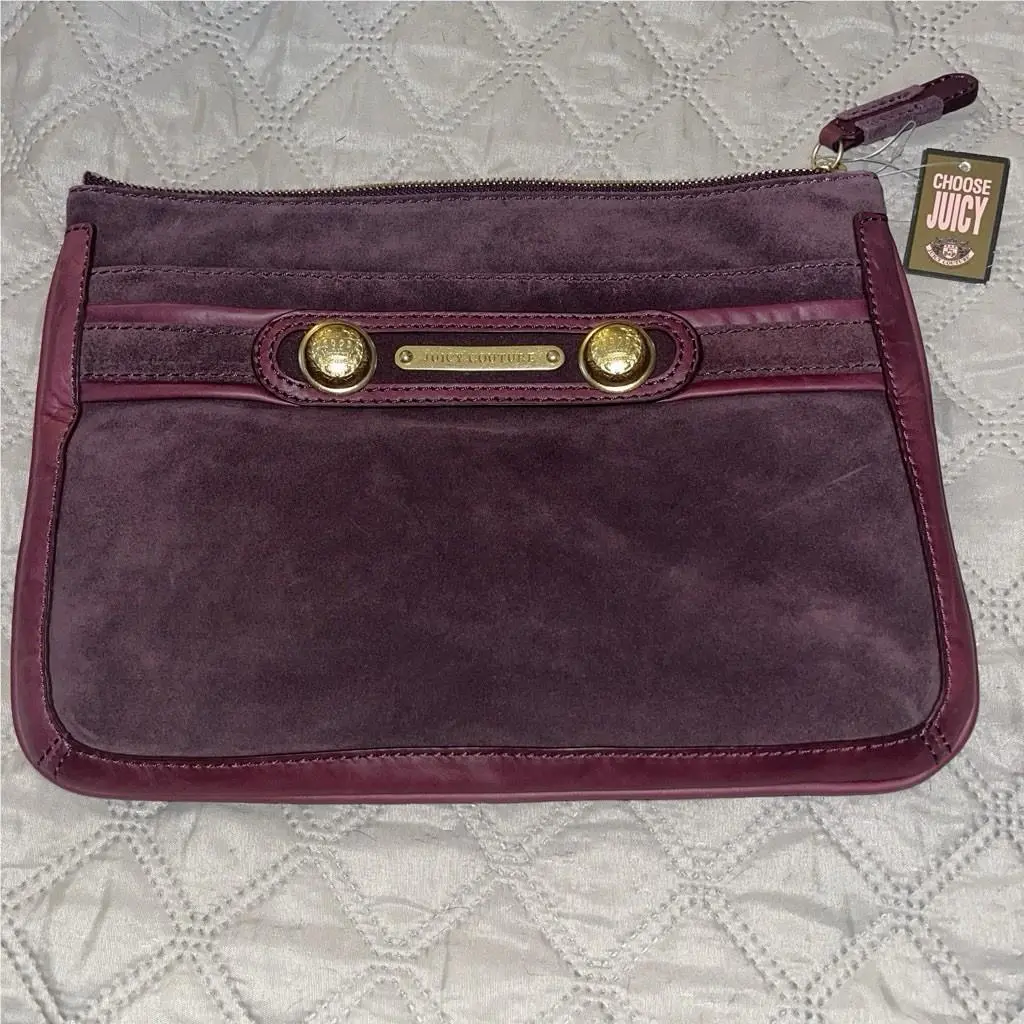 Y2K  Burgundy Suede Leather Clutch Bag Gold Plaque YSRU1513 by Juicy Couture