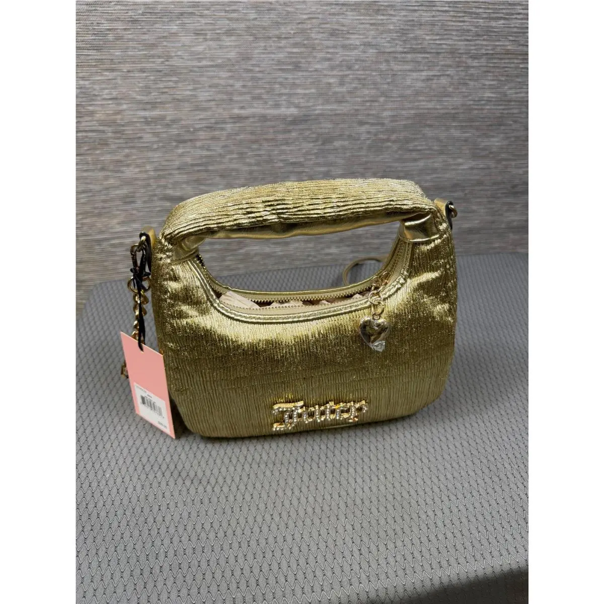 Satchel Bag Womens Small Gold Leather Rhinestone Logo Charm by Juicy Couture