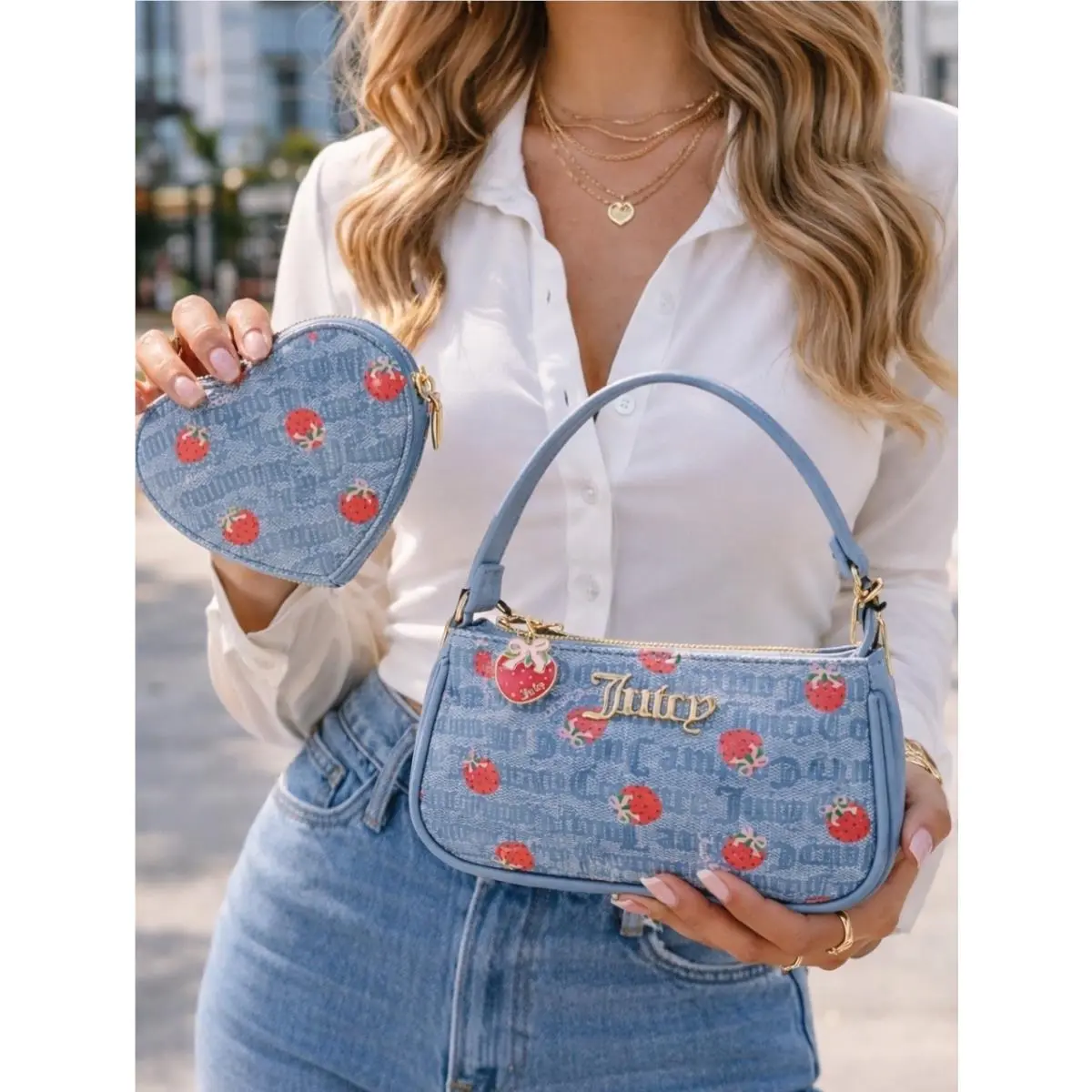 Strawberry Mini Bag Blue Baguette + Heart Coin Purse Y2K by Juicy Couture