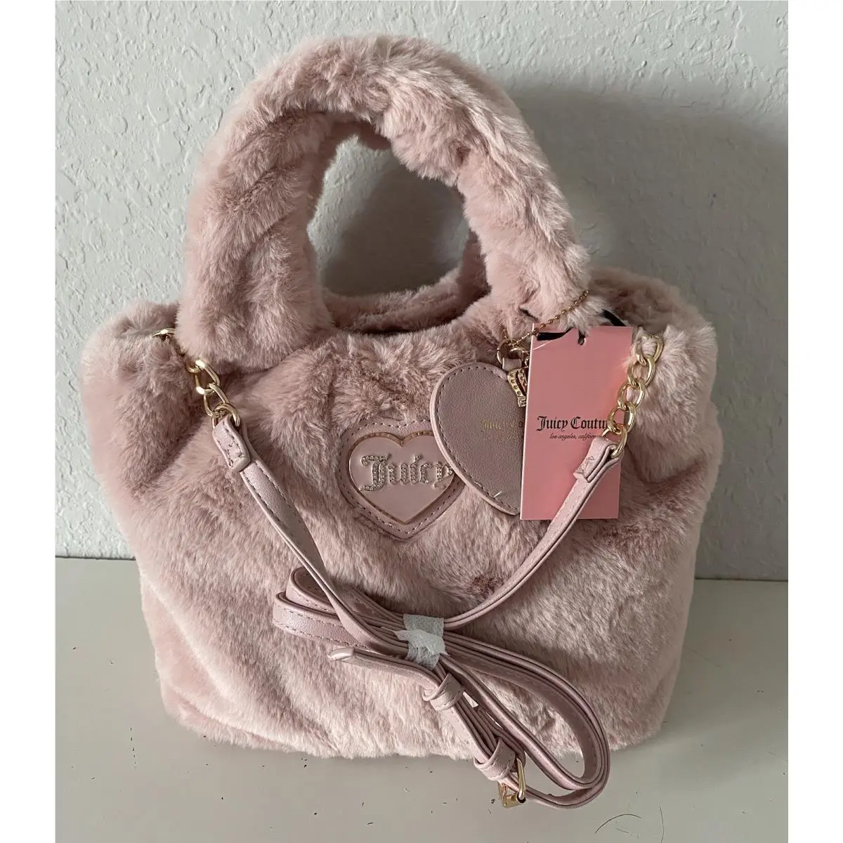 Warm Up Mini Tote Bag W/heart and Crown Charm Fur Dusty Blush by Juicy Couture