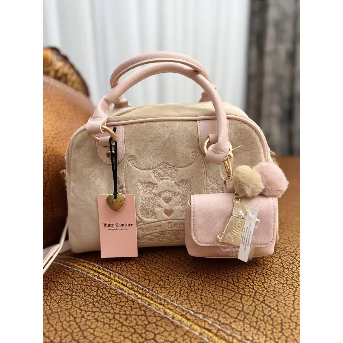 Juicy New Love Chapter Satchel Couture Love Chapter Satchel Buff Beige Velour Gold Handbag by Juicy Couture