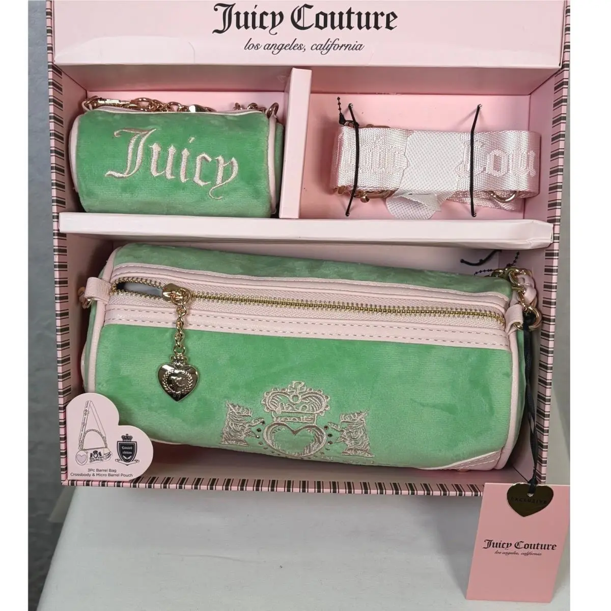 Heritage Barrel Bag 3 Piece Set Retro Green Velour Crossbody by Juicy Couture