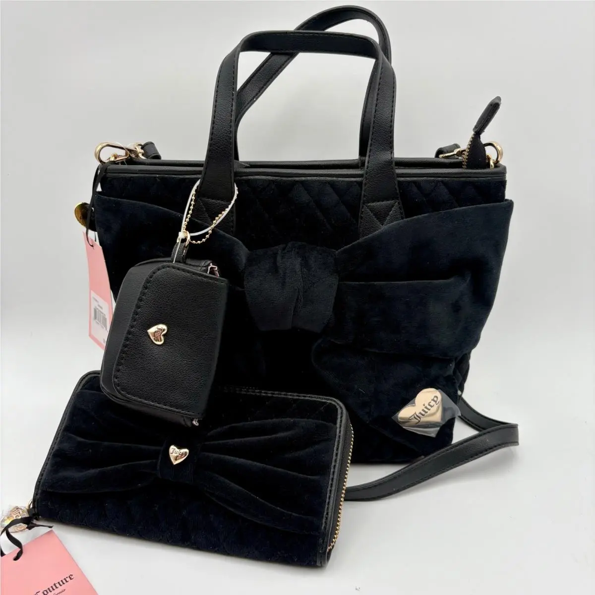 Juicy Couture Bow Quilted Crossbody Bag Purse Wallet Set Black Tied with a Bow