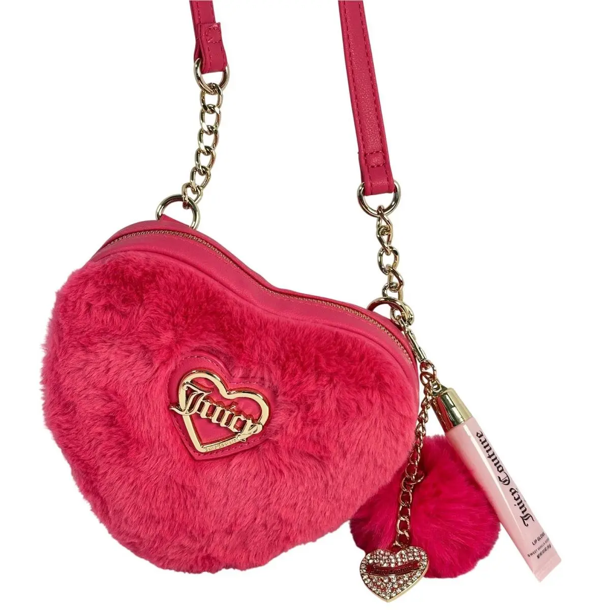 Juicy Couture Hot Pink Fur Heart Crossbody Bag with Lip Gloss Set