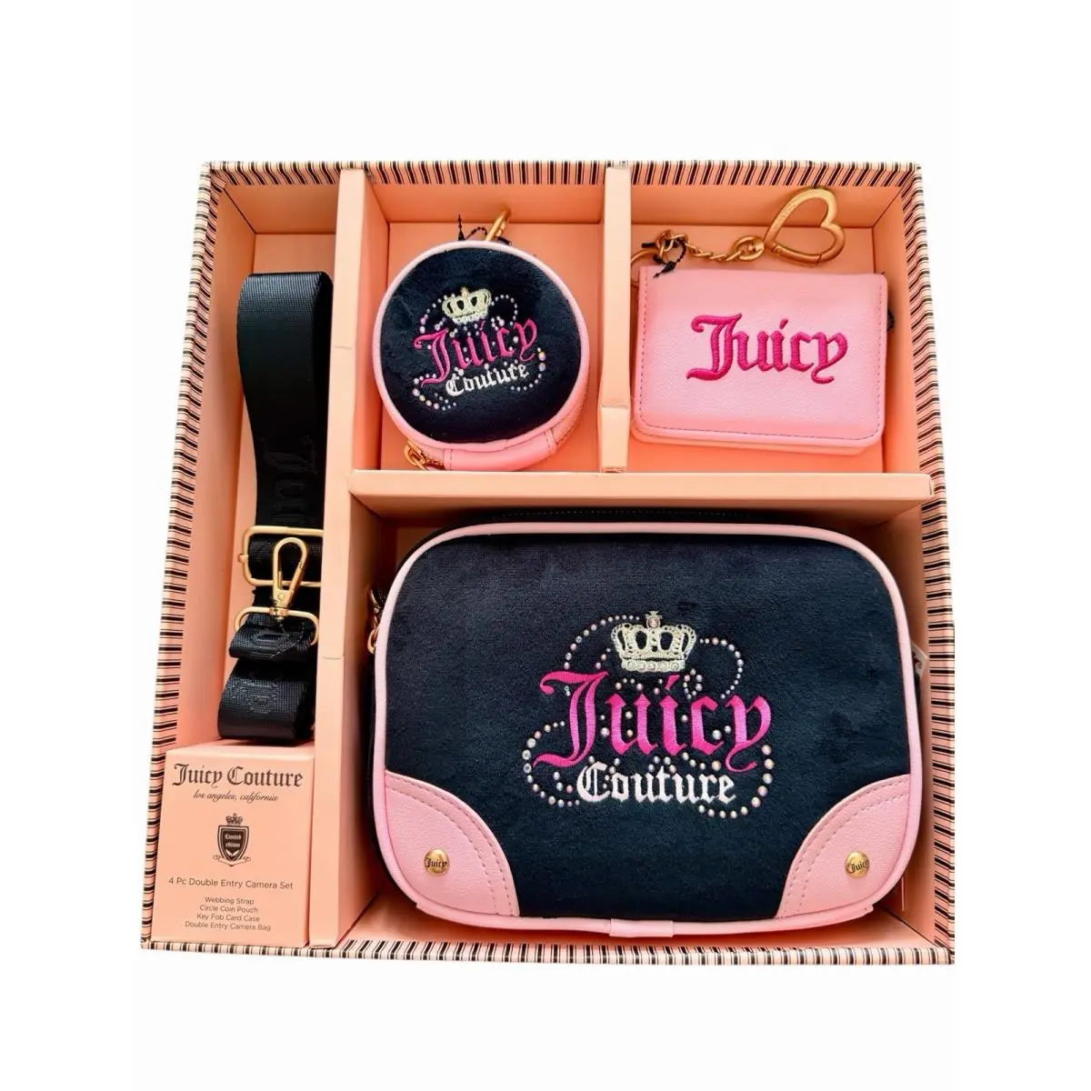 Juicy Couture Heritage Velour Crossbody Bag 4-Piece Set in Black and Pink