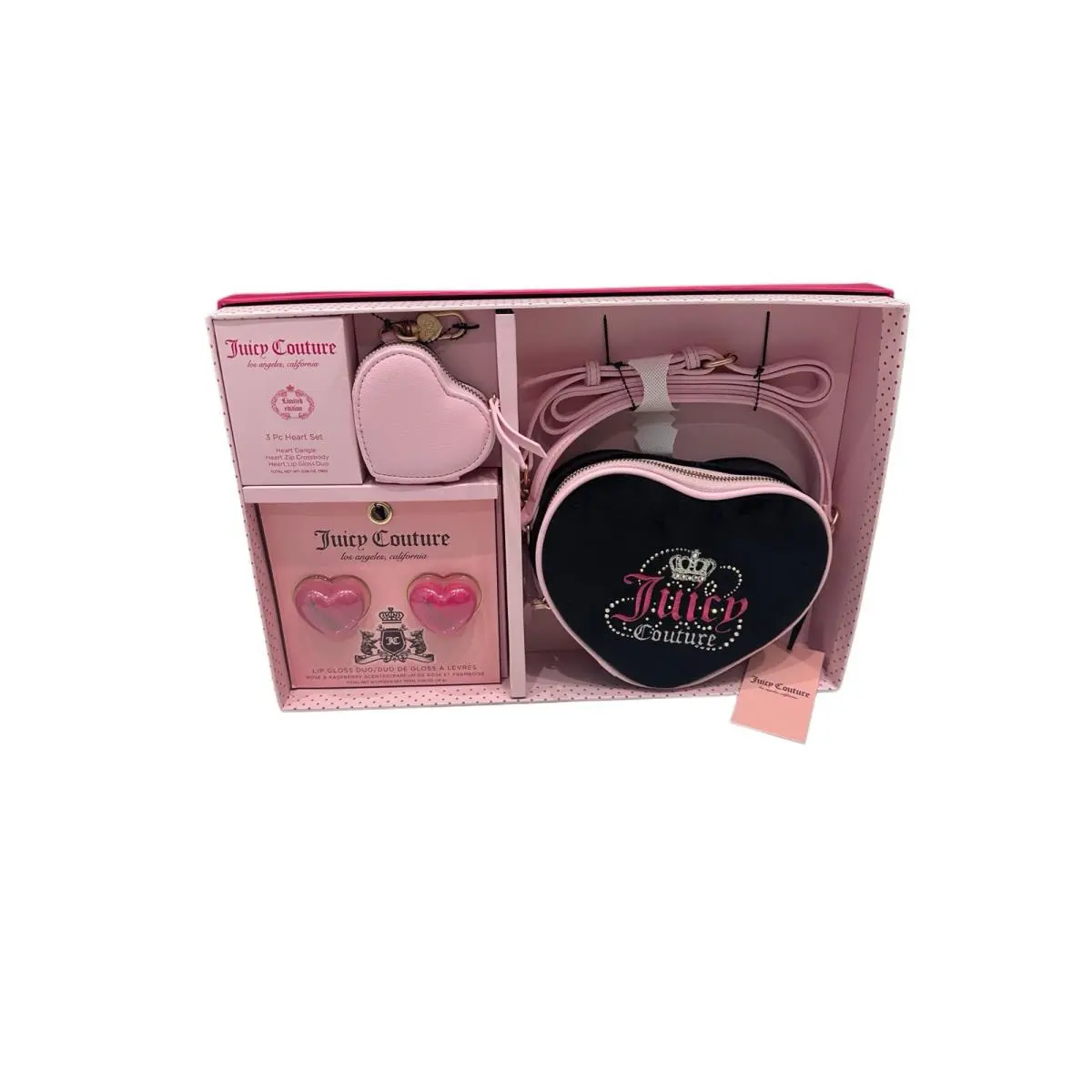 Juicy Couture Gift Set 3pc Heart Set Crossbody Heart Dangle Kip Gloss
