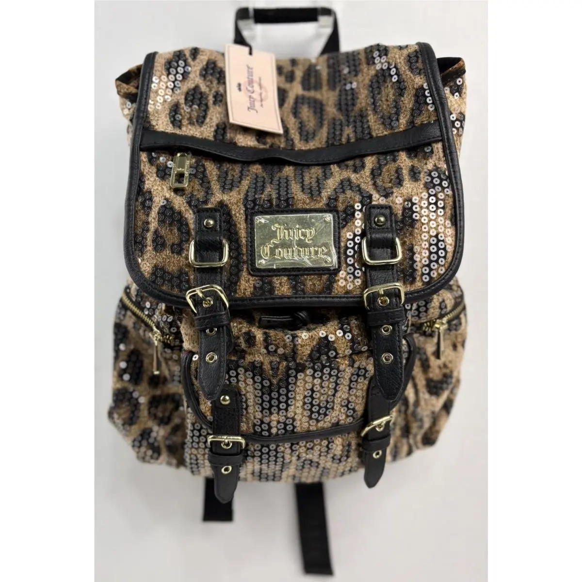 Juicy Couture Backpack Bag Holographic Sequins Leopard Print Pink Lined Y2K