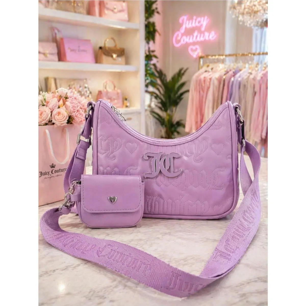 Lilac Shoulder Bag + Coin Purse Set Y2K Logo Strap Quilted by Juicy Couture