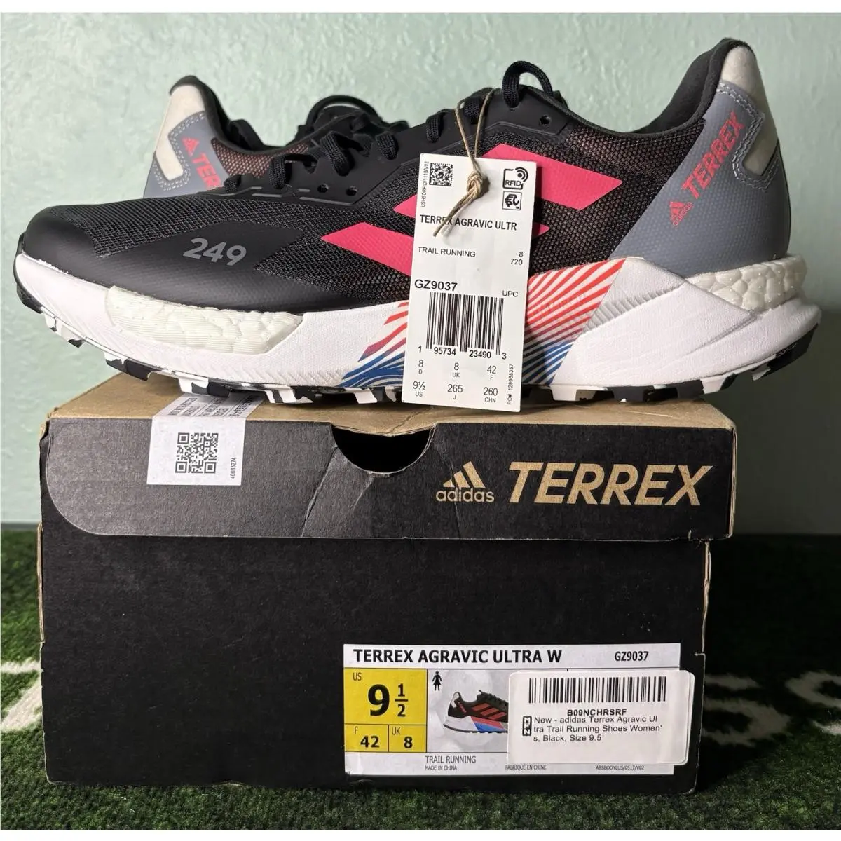 US W 9.5/M 8.5 -  Terrex Agravic Ultra Trail Running “black Turbo” GZ9037 by Adidas