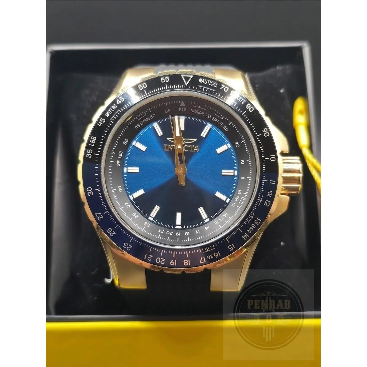 Invicta Aviator 49650 Men`s 50mm Gold Blue Dial Black Silicone Quartz Watch