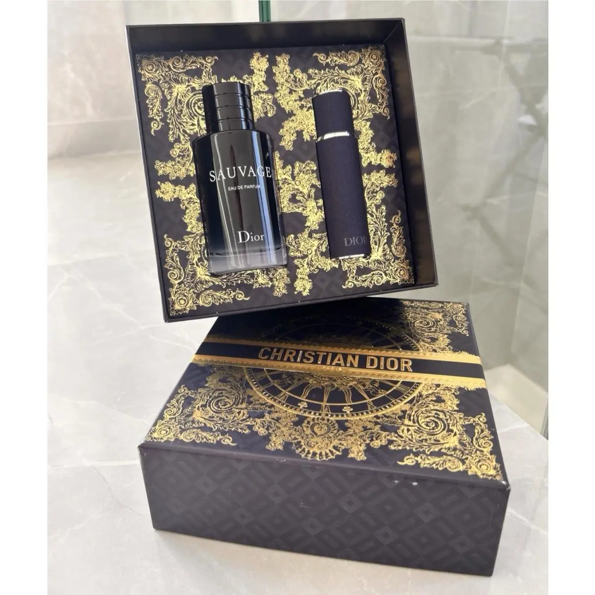 Sauvage 2 Pcs Gift Set Box Eau DE Parfum 3.4 Oz+ 01 Tavel Sixe 0.34 OZ by Dior